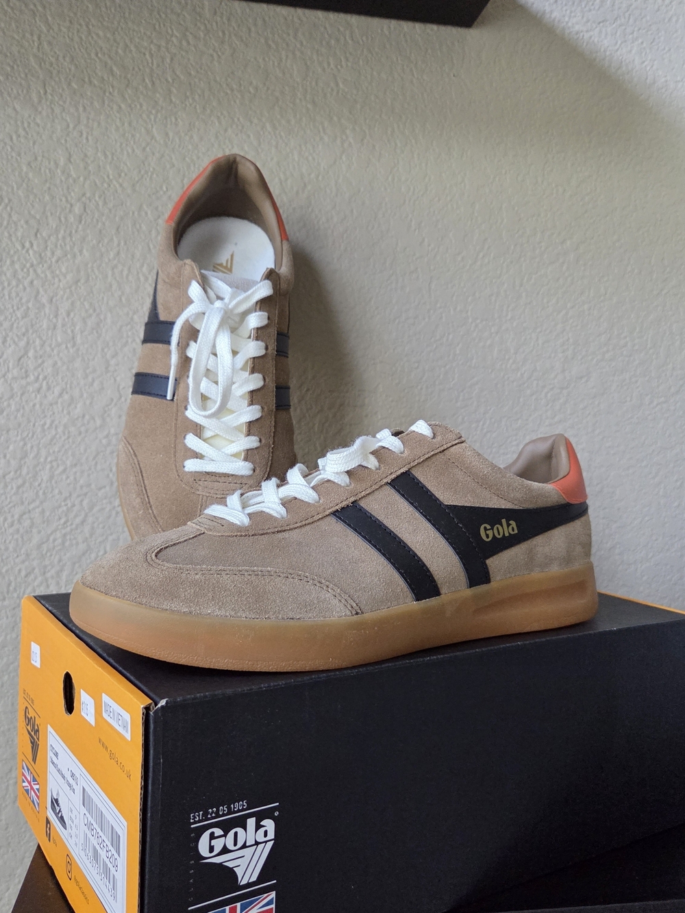 Gola Suede Trainer in Tan with Black Stripes
